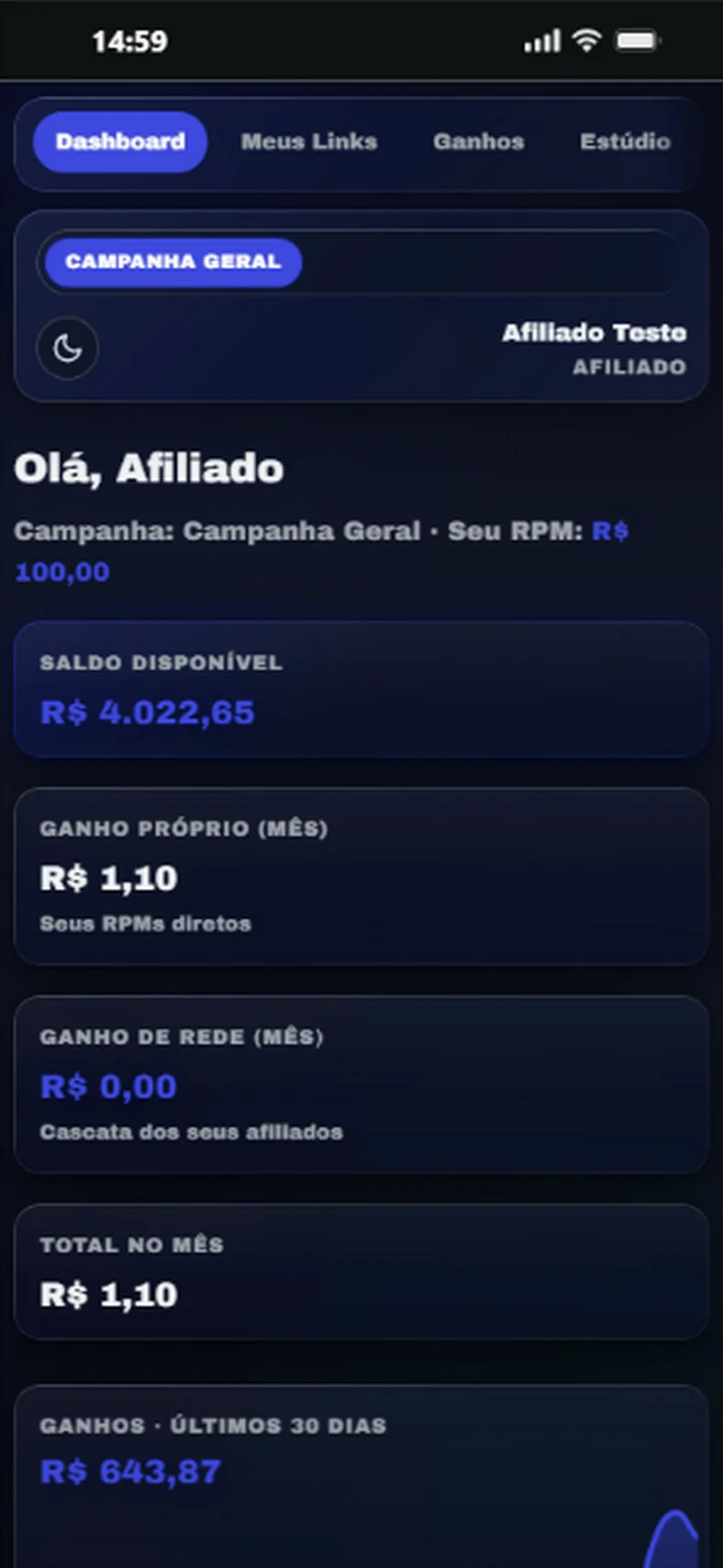 Painel da REV DO BEM no aplicativo